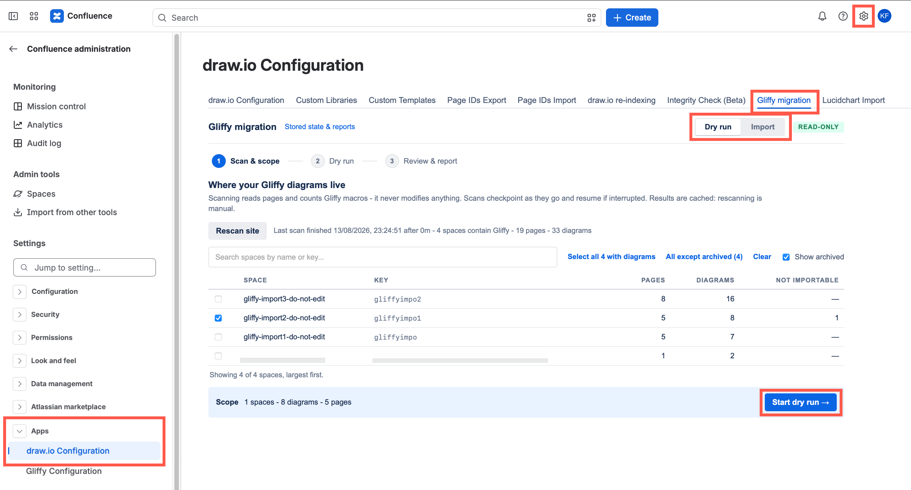 Select the Dry run tab in the Gliffy migration tab of the draw.io Configuration in Confluence Cloud